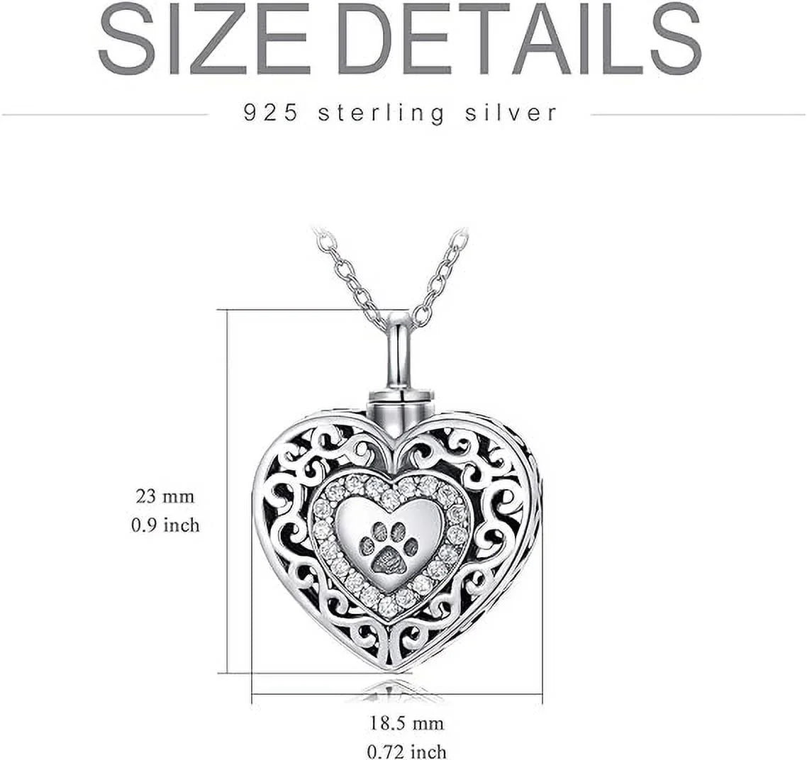 SOULMEET 925 Sterling Silver Heart Urn Necklaces Engraved Pawprint Forever in My Heart Cremation Keepsake Necklace for Ashes Pet Ashes Jewelry Gift for Women