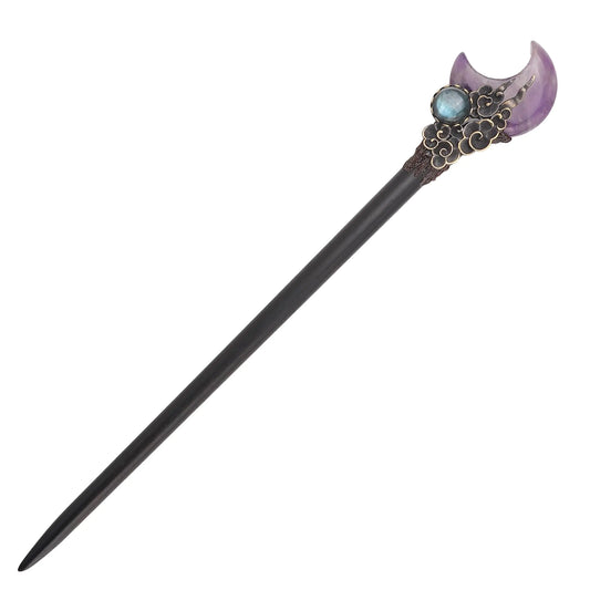 Wooden Moon Chopstick Hairpin Crystal Amethyst Labradorite Handcraft Gift for Her… (Amethyst)