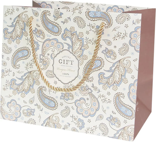 Pomei 20 PCS Gift Paper Bags-Sophia Printed White Kraft Paper with Brown Flat Handles 9.4"x7.8"x5.5" Paper Bags for Gifting Clothing Retail and Shopping