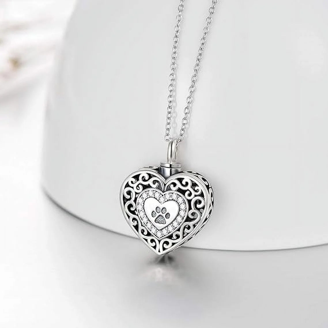 SOULMEET 925 Sterling Silver Heart Urn Necklaces Engraved Pawprint Forever in My Heart Cremation Keepsake Necklace for Ashes Pet Ashes Jewelry Gift for Women