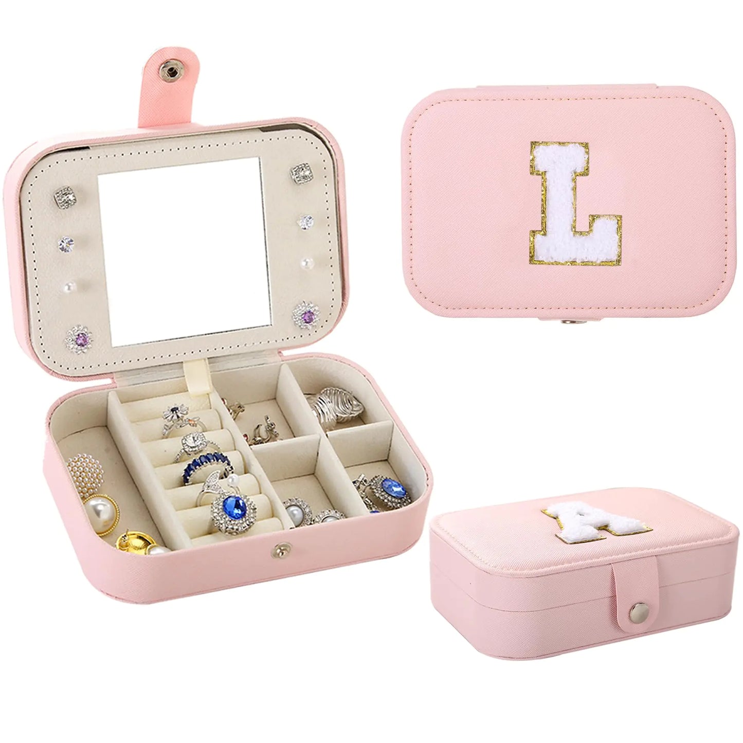 Fengligoo Initial L Jewelry Box Organizer Pink Travel Jewelry Case with Mirror PU Leather Jewelry Box for Travel Personalized Birthday Gift for Women Girls
