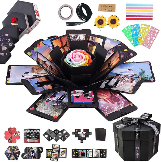 RECUTMS Black Explosion Box DIY Handmade Photo Album,Gift Box with 6 Faces for Wedding