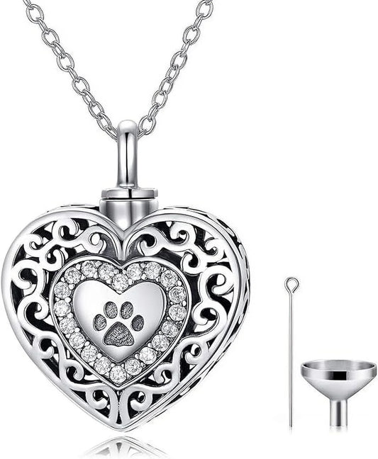 SOULMEET 925 Sterling Silver Heart Urn Necklaces Engraved Pawprint Forever in My Heart Cremation Keepsake Necklace for Ashes Pet Ashes Jewelry Gift for Women