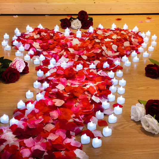 Coume 6000 Pcs Valentines Day Artificial Rose Petals with 120 Pcs Romantic Heart LED Candle Flameless LED Tealight Candle for Romantic Night Anniversary Table Decoration(White Light)