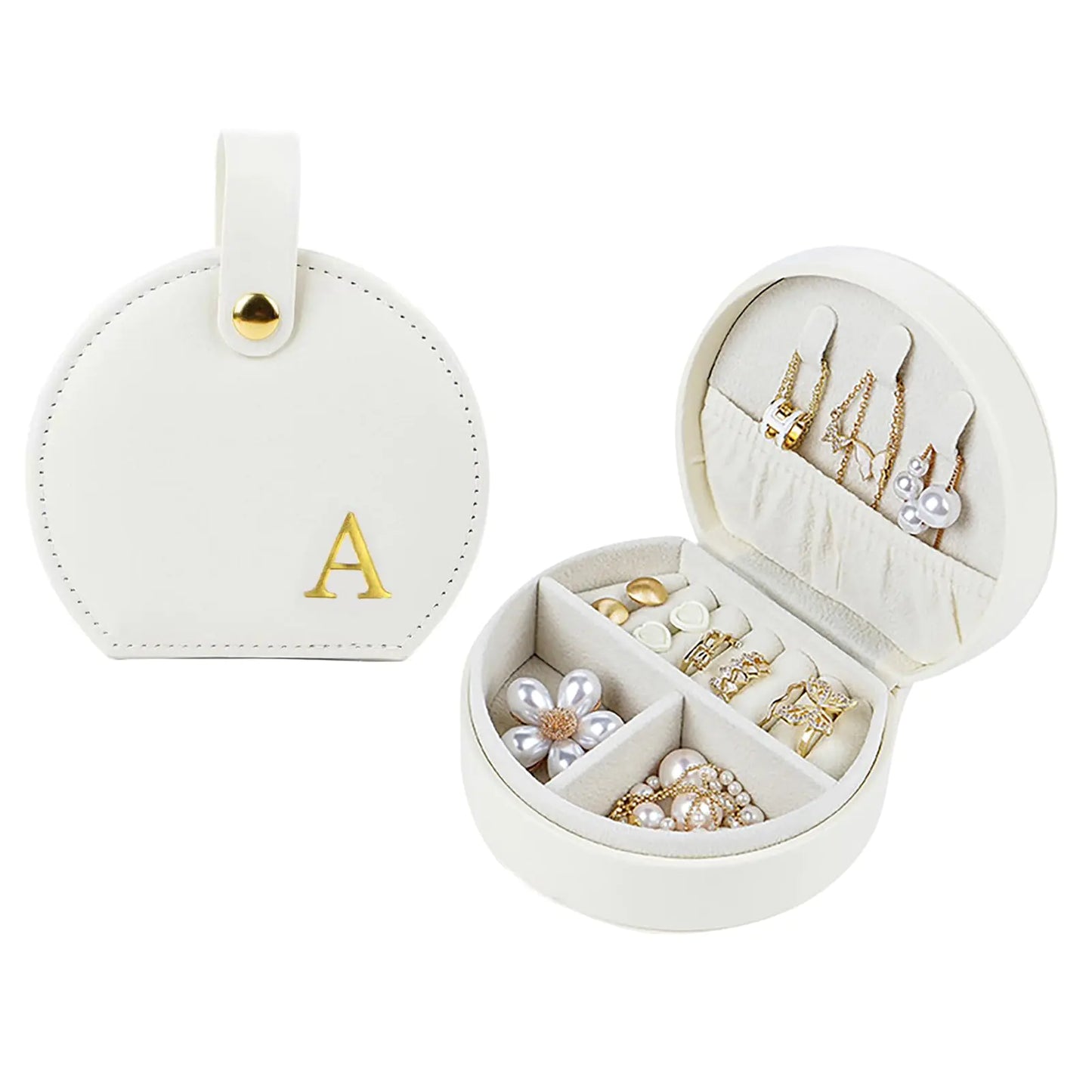 Travel Jewelry CasePersonalized Jewelry BoxElegant Half-Moon Design with Personalized Golden Initial CasePersonalized Gifts for WomenJewelry organizer;Personalized Gifts for Women or Friends(A)