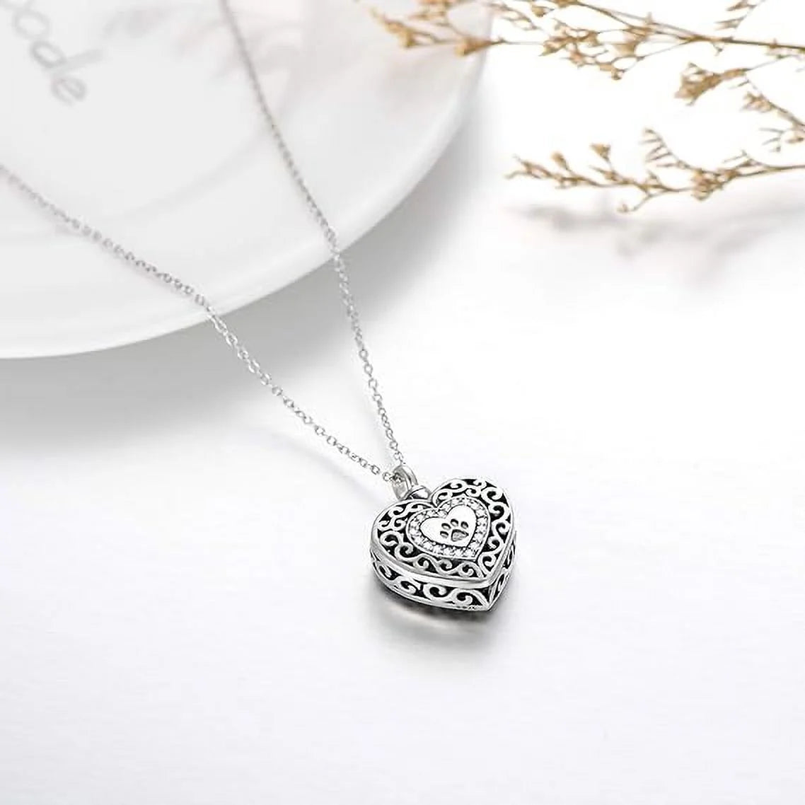 SOULMEET 925 Sterling Silver Heart Urn Necklaces Engraved Pawprint Forever in My Heart Cremation Keepsake Necklace for Ashes Pet Ashes Jewelry Gift for Women