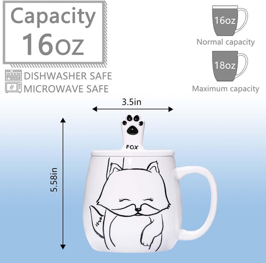 Fox Mug 16 Oz Cute Ceramic Coffee Mug with Lid Tea Mug for Women Kawaii Cup Fox Gifts for Women Christmas Gifts Housewarming Holiday Birthday Gifts for Women Mom Kids Men and Friend