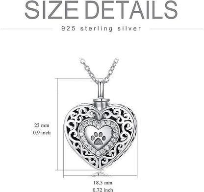 SOULMEET 925 Sterling Silver Heart Urn Necklaces Engraved Pawprint Forever in My Heart Cremation Keepsake Necklace for Ashes Pet Ashes Jewelry Gift for Women