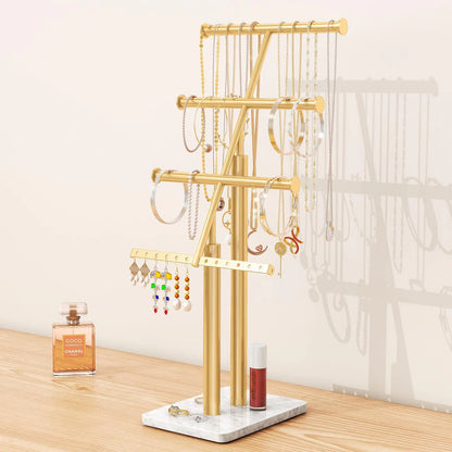 KLJKPA Jewelry Tree Stand Gold Jewelry Organizer with Marble Base 17" Tall Necklace Display Stand with 4-Tier Jewelry Rack Metal Jewelry Holder Necklaces Earrings Bracelets Rings - Gold