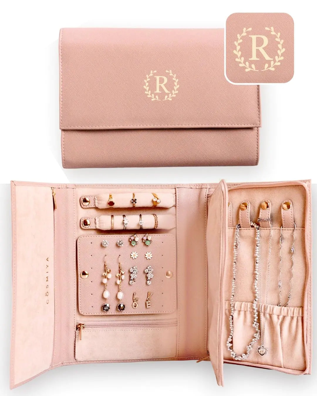 COSMIYA Personalized Initial Travel Jewelry Case - Monogram Custom Gifts For Women Bridesmaid Gifts Travel Jewelry Organizer Customized Travel Jewelry Box Birthday Gifts For Mom