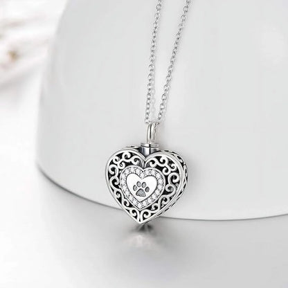 SOULMEET 925 Sterling Silver Heart Urn Necklaces Engraved Pawprint Forever in My Heart Cremation Keepsake Necklace for Ashes Pet Ashes Jewelry Gift for Women