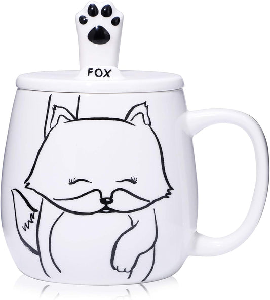 Fox Mug 16 Oz Cute Ceramic Coffee Mug with Lid Tea Mug for Women Kawaii Cup Fox Gifts for Women Christmas Gifts Housewarming Holiday Birthday Gifts for Women Mom Kids Men and Friend