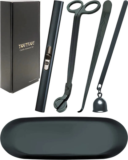 YOUTUOY 5 in1 Candle Accessory Set with Rechargeable Candle Lighter Candle Wick Trimmer Candle Wick Snuffer Candle Wick Dipper Storage Tray Plate Candle Care Kit (Matte Black)